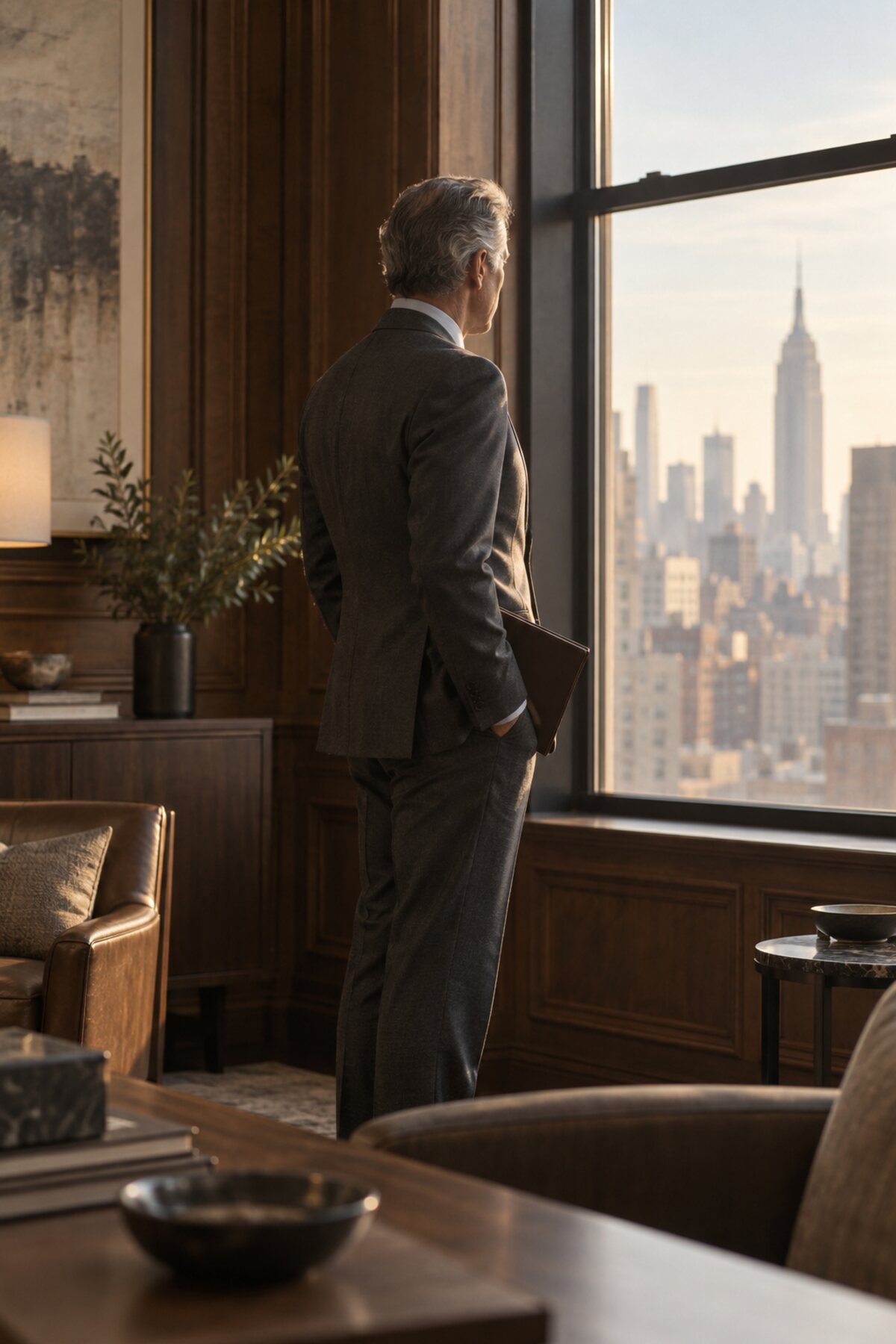 A senior advisor in conversation, in a warm, considered office interior